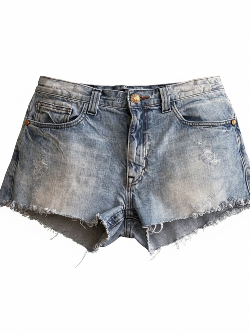 X-Ray Women Blue Denim Shorts Sz 34 Distressed Booty Embroidered Back Pocket Vtg